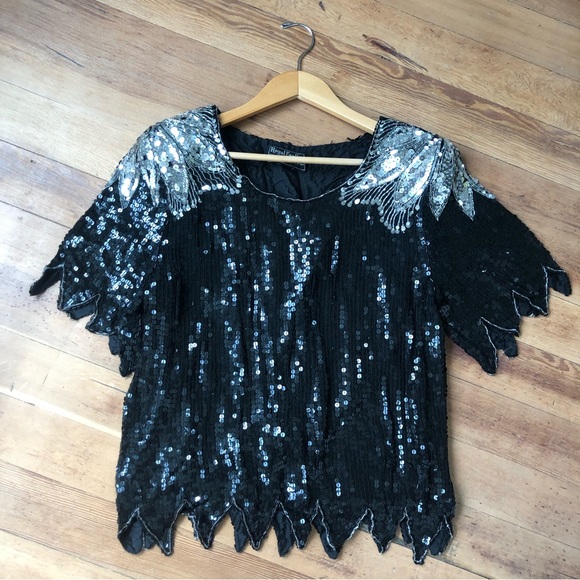 VTG ROYAL FEELINGS blouse Silk Bead sequin Black Silver DYNASTY SZ M 80s Formal - Picture 10 of 13
